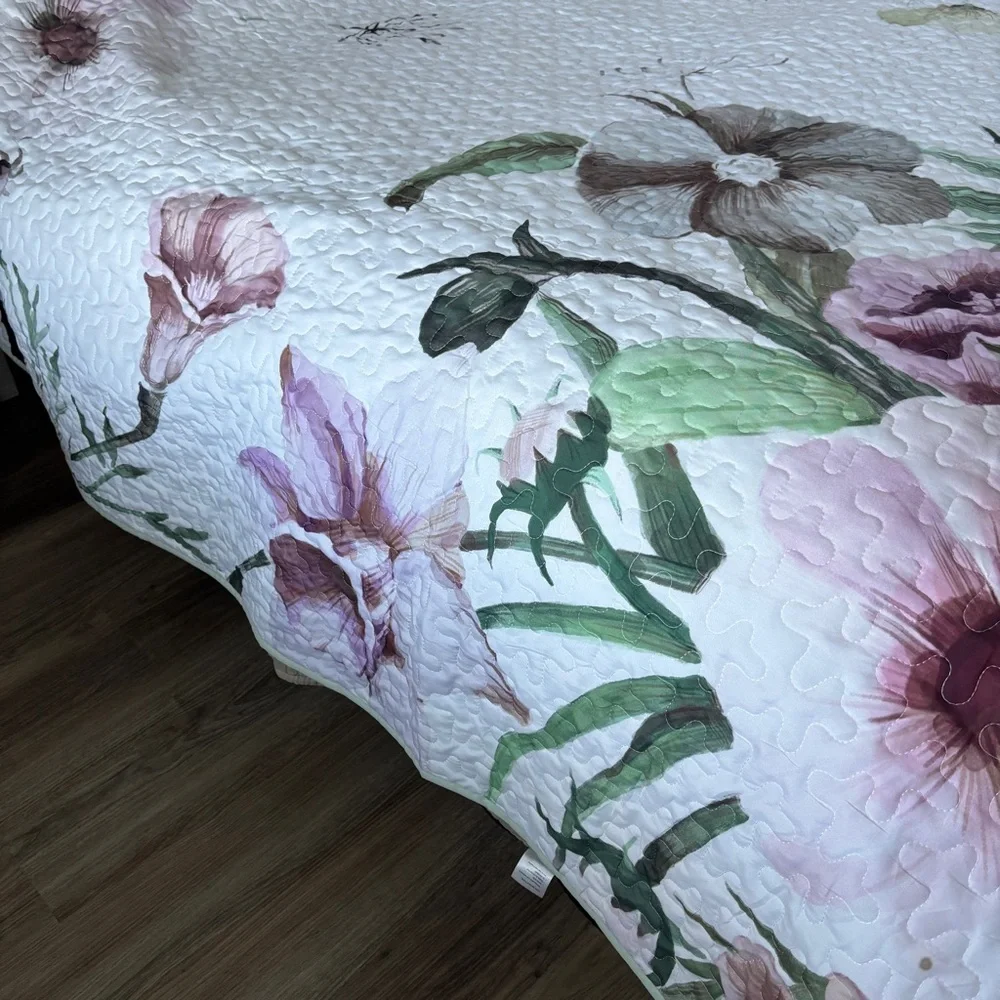 Boho Green & Purple Floral Reversible 3 Pc Bedding Quilt Queen Set Solid Shams
